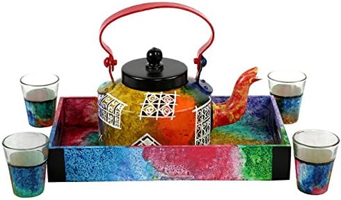 Hand Painted Teapot With Complimentary Tray &amp; 4 Glasses Best Serveware To Serve Tea/Coffee Light Weight &amp; Durable Multicolor Unique Vintage Home Decor By Klamod India