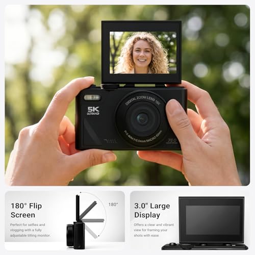 5K Digital Camera for Photography - 75MP WiFi Vlogging Camera for YouTube, Travel Flash Camera for Beginners Adults, UHD 18X Zoom with Flip Screen 3" 180°, 64 GB SD Card, 2 Batteries, Black