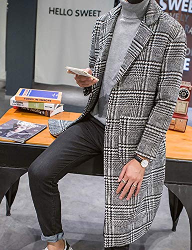 Uaneo Men's Casual Notch Lapel Single Breasted Plaid Mid Long Trench Pea Coat (Gray, X-Large)