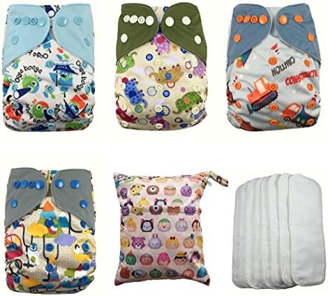 Nooya Cute Baby Cloth Diaper Gift Sets ,Adjustable Snap All in one Size Cloth Pocket Diapers for Newborn Baby ,(4 Cloth Covers +8 Inserts and Wetdry Bag)