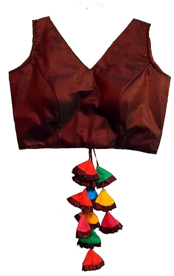 Women's Maroon Colour V Shape Neck Design Multi Latkan Plain Satin Readymade Blouse For Saree And Lehenga (Size 38+ margin) (attach sleeves)