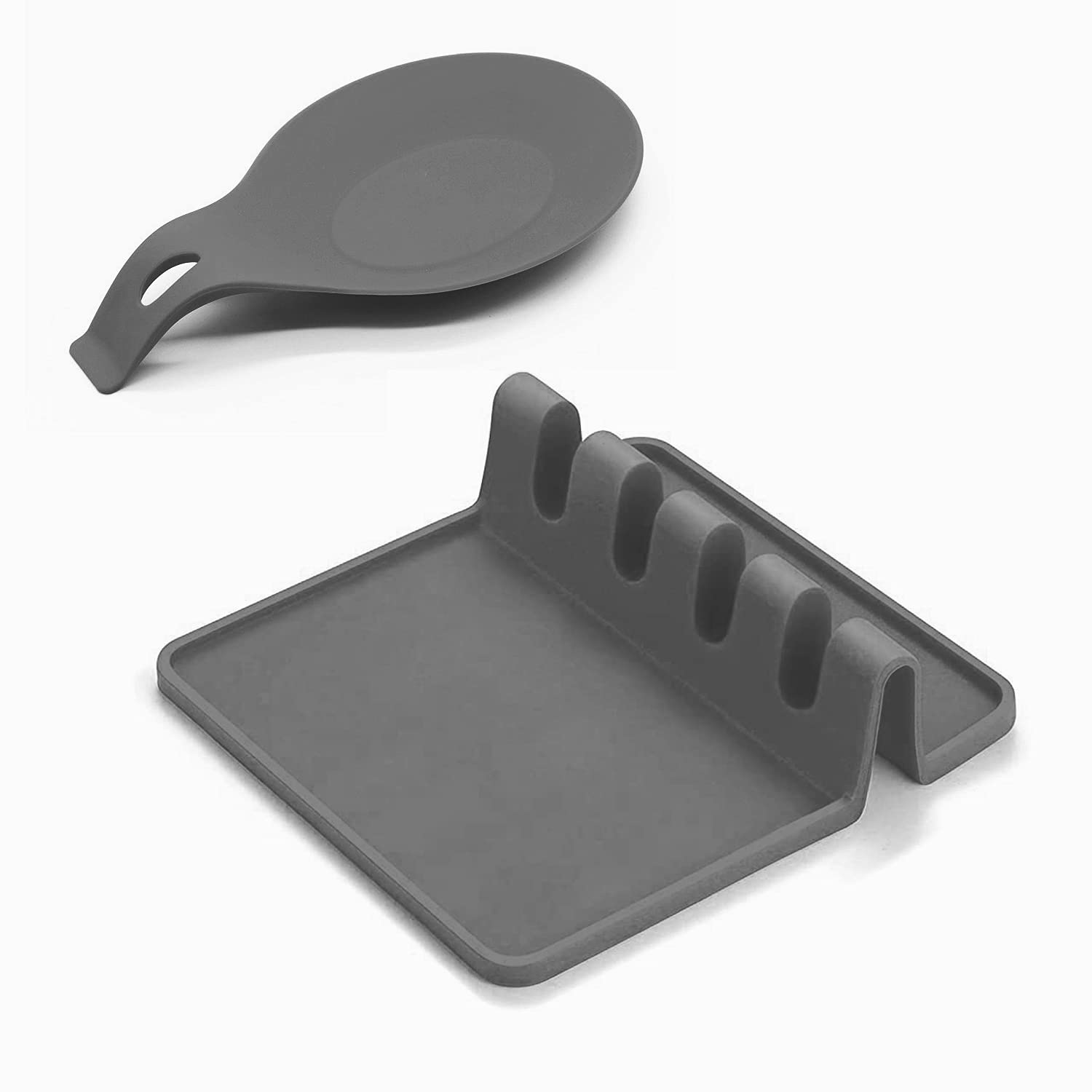 Silicone Utensil Rest with Drip Pad for Multiple Utensils, Large Spoon Holder Rest for Ladle, Spatula, Tongs, Fork - Set of 2 (Grey)