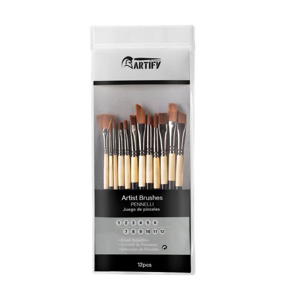 Artify 2018 New 12 Pcs Paint Brush Set with Amber Nylon Hairs Perfect for Acrylic, Oil, Watercolor, Gouache and Face Painting