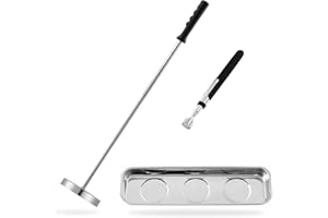 Rechabite 3PCS Magnetic Sweeper Telescoping Pick-up Tool, 35LB Screws Parts Finder, 3.5LB Magnet Stick, Rectangle Magnet Tray, For Pickup Nails, Metal Retrieving, Mechanic's Set