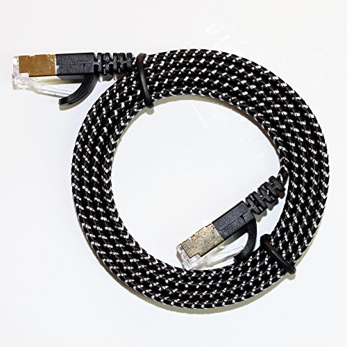Tera Grand - CAT7 10 Gigabit Ethernet Ultra Flat Patch Cable Modem Router LAN Network Playstation Xbox - Built with Gold Plated & Shielded RJ45 Connectors Nylon Braided Jacket, 3 Ft Black & White