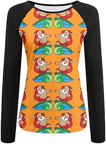 FRAD LOP Christmas Hawaiian With Santa Surfing Women's Round Neck Raglan Sleeve Long T-Shirt Blouse Tops Casual Teen Girls Tees M