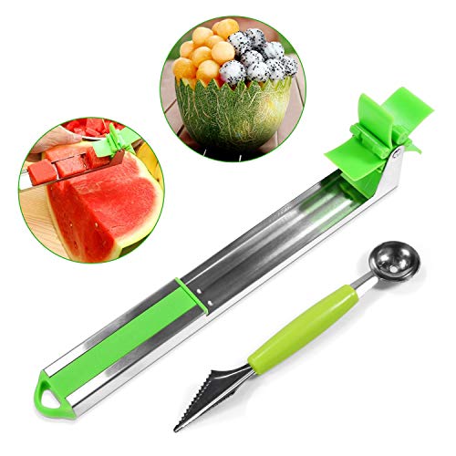 [2019 Upgrade] Windmill Watermelon Cutter - Premium Stainless Steel Watermelon and Cantaloupe Slicer Fruit Knife - Creative Cutter Tongs Corer Fruit Tools Kitchen Gadgets Set with 2 in 1 Melon Baller - Thumbnail 7