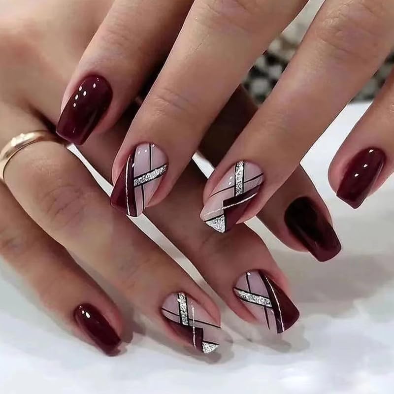 JUSTOTRY 24 Pcs Silvery Glitter Striped False Nails Short Pattern,Burgundy Red French Square Press on Nails,Glossy Fake Nails Medium for Nail Art,Pretty Squoval Stick on Nail for Women Gifts