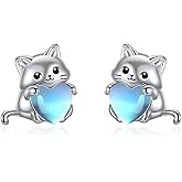 HOPEEZZ Cat Birthstone Earrings for Women Sterling Silver Cute Cat Stud Earrings Jewelry Gifts
