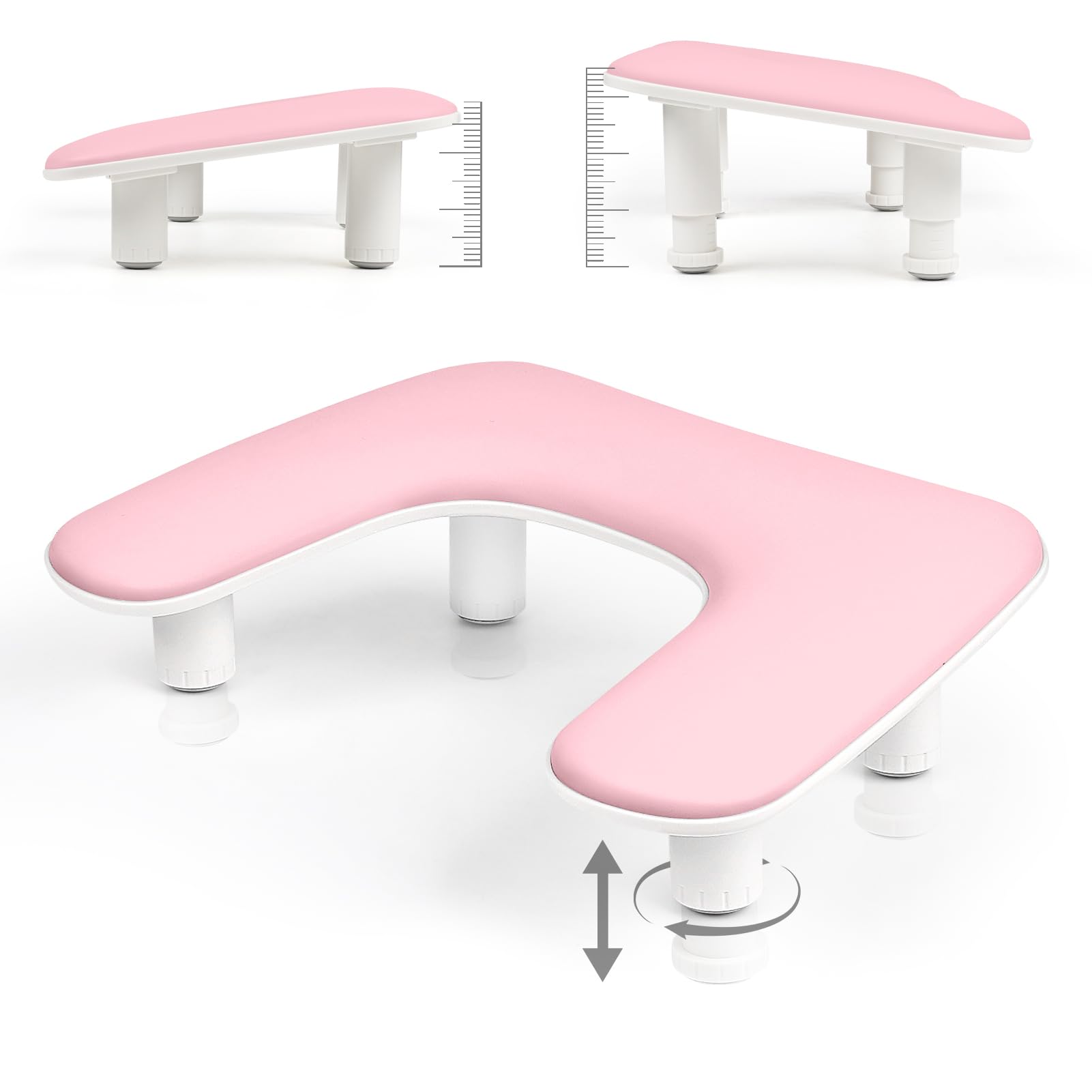 Arm Rest for Nails Tech，Height-Adjustable U Shaped Manicure Nail Arm Rest,Big Microfiber PU Leather Hand Rest for Nails Tech, Professional Salon Manicure Arm Rest Cushion(White) (Pink)
