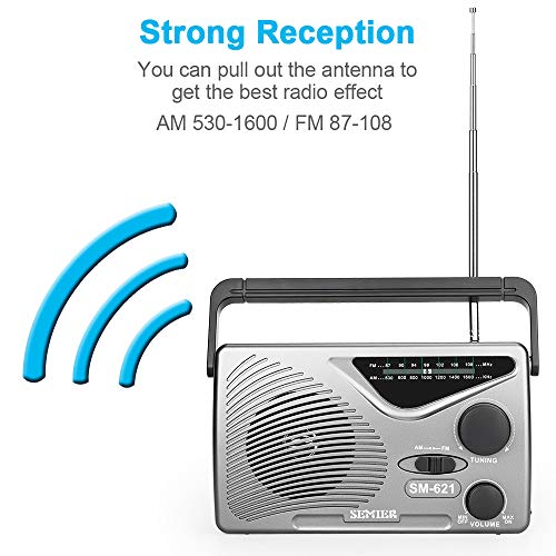 SEMIER AM/FM Portable Radio, Best Reception Compact Transistor Radios AC Power Operated or Operated by Dry Battery (D Cell Batteries x 2pcs, Battery not Included) -Grey