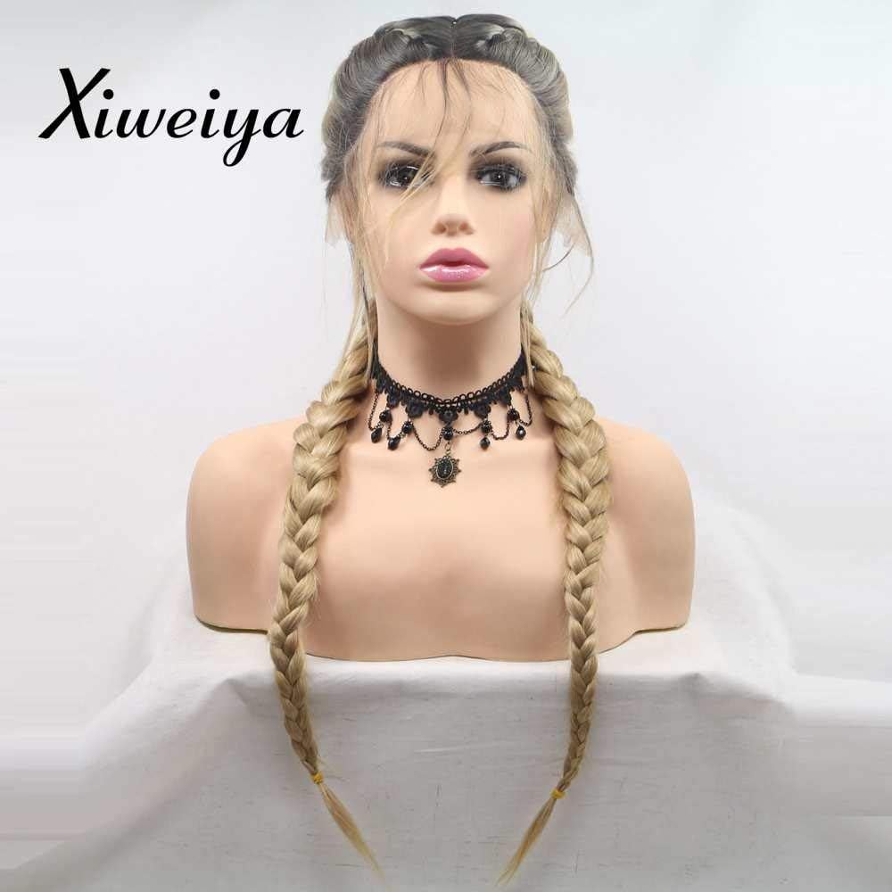 xiweiya blonde with brown root Double Braids Synthetic Lace Front Wig add Human Weaving Part with Baby Hair Wig Heat Resistant Fiber Middle Part 24 inch (Add Weaving Part)…