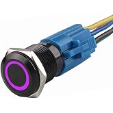 ESUPPORT 16mm 12V 3A Car Purple LED Light Metal Push Button Toggle Switch | Angel Eye Switches Socket Plug Latching ON OFF Waterproof Black Shell
