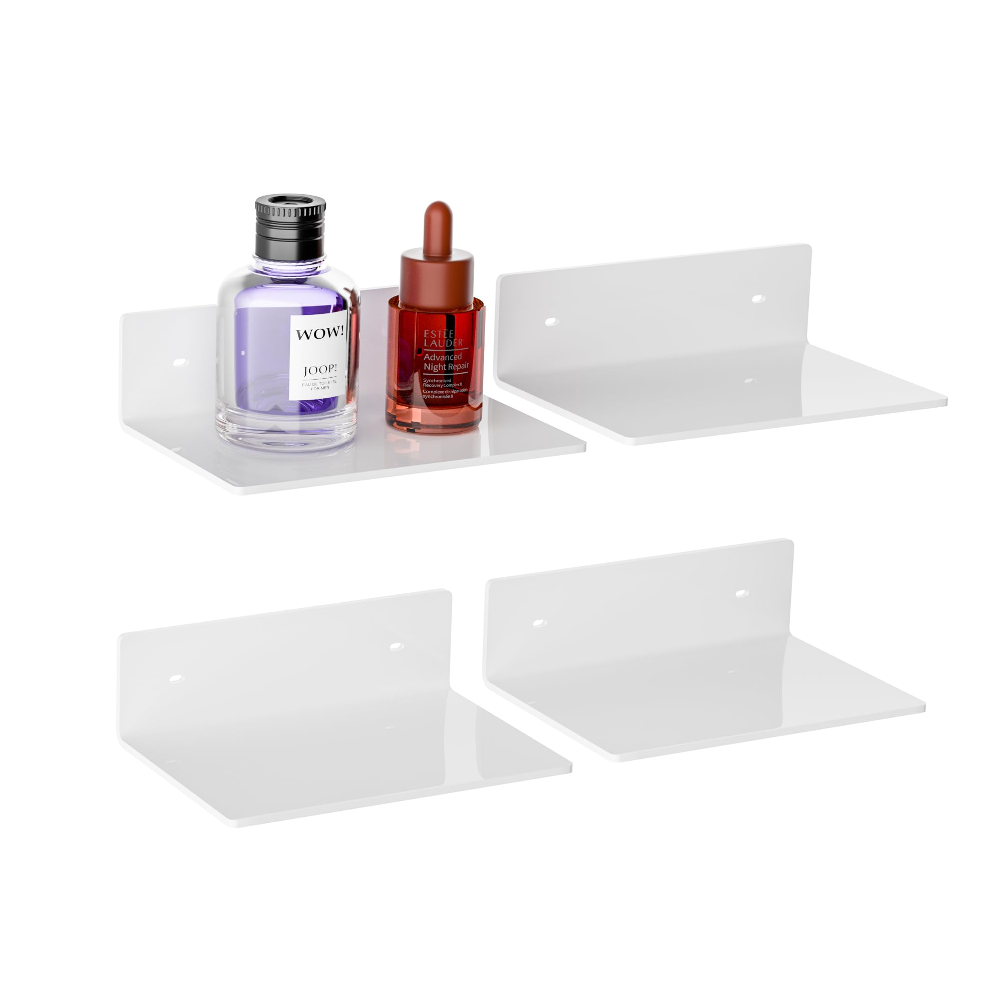Photo 1 of Hexsohoma 9 Inches White Floating Shelves, Acrylic Wall Shelves for Living Room, Bedroom, Bathroom, Kitchen, Office, Brand Store, Retails, Gaming Room, 4 Pack