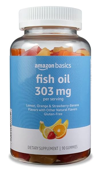 AMAZON BASICS FISH OIL 303 MG, LEMON, ORANGE & STRAWBERRY-BANANA FLAVORS, 90 GUMMIES (2 PER SERVING), EPA AND DHA OMEGA-3 FATTY ACIDS (PREVIOUSLY SOLIMO)