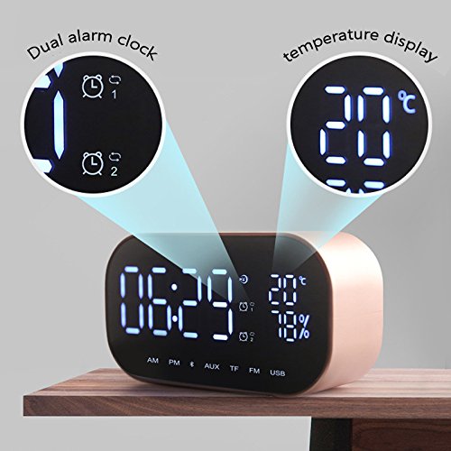 Fashionwu Mini Bluetooth Speaker Wireless Stereo Portable LCD FM Radio Alarm Clock Outdoor Speaker Rose Gold