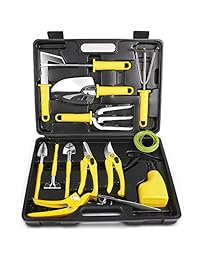 MOSFiATA Juego de herramientas de jardín, 14 piezas, de acero inoxidable, con funda de transporte, juego de trabajo de jardinería resistente, incluye podómetro, mini raqueta, pala grande y pequeña, pulverizador, maletero, tijera, etc.