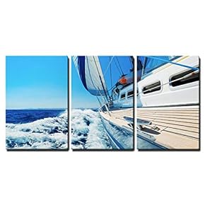 3 Piece Canvas Wall Art - Yacht, Sailing Boat in The Sea - Modern Home Art Stretched and Framed Ready to Hang - 16"x24"x3 Panels