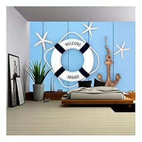 Decorative Lifebuoy, Anchor and Starfish sea Shells Over Wooden Blue Background. - Removable Wall Mural | Self-Adhesive Large Wallpaper - 66x96 inches