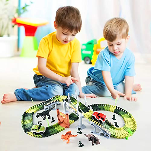 Fulljion Jurassic World Dinosaur Toys Track Racing Playset, 142pcs Building Toys DIY Assembled Track Set 2 Electric Cars(Equipped 2 Batteries), 3 Dinosaurs, 5 Soldiers - Children Christmas Toys
