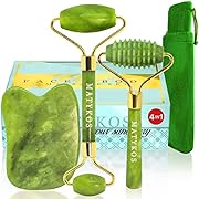 Jade Roller for Face - 4 in 1 - Helps Reducing Puffiness, Wrinkles, Fine Lines - Authentic Jade Gua Sha Face Massager Kit for Improved Skin Circulation, Drainage, Elasticity - Extra Carrying Pouch