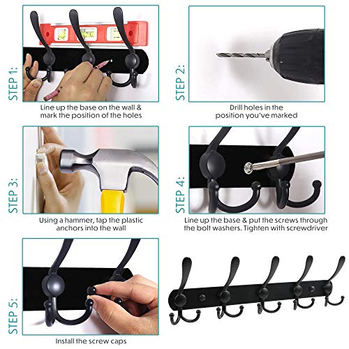 LotFancy Wall Mounted Coat Rack, Black Coat Hooks for Wall, 5 and 3 Tri Hook Racks, Heavy Duty Hook Rail for Hats, Towels, Handbags, Robes, for Kitchen, Mudroom