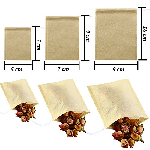 Coobey 300 Pack Tea Filter Bags Disposable Tea Infuser Drawstring Teabags Natural Empty Tea Bag for Loose Leaf Herbs Teas (Natural Color, Mixed Sizes)