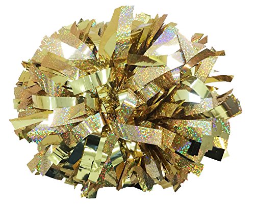 kuugear Pair, 6" Metallic/Holographic Mix Cheerleading Pom Pom with Baton Handle - Holographic Gold/Metallic Gold