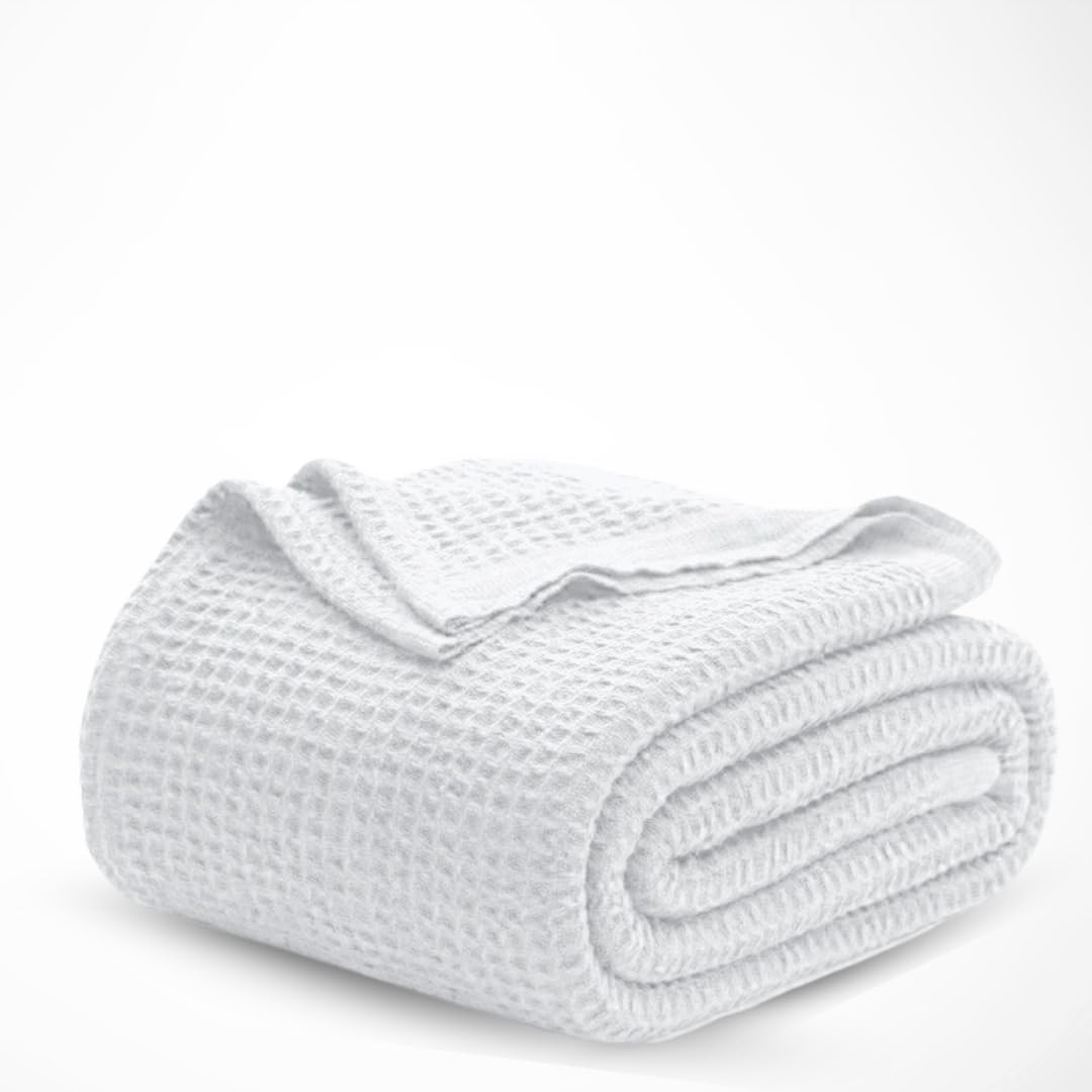 Photo 1 of Cotton Waffle Weave Blanket Soft Woven Lightweight Breathable Bed Blanket Queen Size for Layering Any Bed, Couch Sofa, Home Decor for All Season (White - 90"x 90" INCHES)