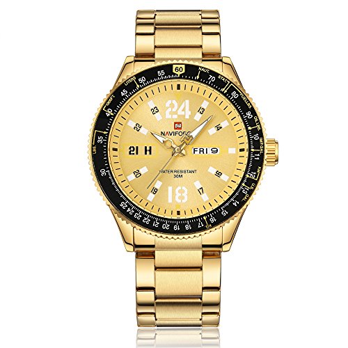 NAVIFORCE Original Good quality Men's Waterproof Stainless steel band Date Week Wrist Watch 9102 (All gold)