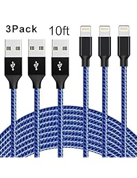 Cable Lightning de 10 pies para iPhone, 3 unidades, trenzado, de larga potencia y sincronización, compatible con iPhone XS XR X 8 7 6 iPad y más (azul negro, 10 pies)