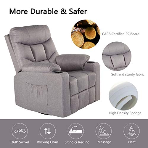 YODOLLA 360° Swivel & 140° Recling Electric Massage Recliner Sofa, Rocking Chair for Living Room Theater Seat Lounge,(Gray) - Thumbnail 3