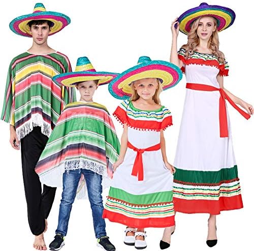 Halloween Cos Costume Traditional Mexican Poncho Cinco The Mayo Dress with Sombrero Hats Adult Kids