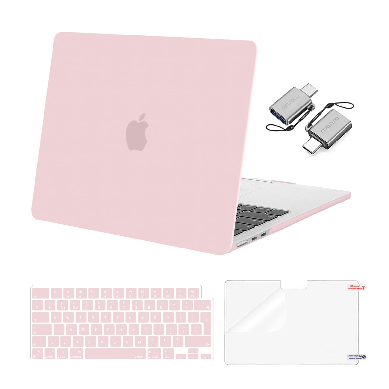MOSISO Compatible with MacBook Air 13 inch Case M5 M4 M3 M2 2026-2022 A3449 A3240 A3113 A2681, Hard Shell Case for MacBook Air 13.6 inch &Keyboard Cover&Screen Film&Type C Adapter, Baby Pink