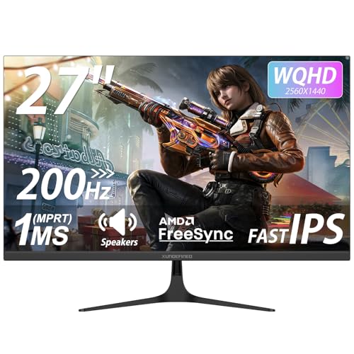 XUNDEFINED 27 inch 1440P Gaming Monitor, 200Hz Fast IPS WQHD 2K Computer Monitor with Speaker, Free-Sync & G-SYNC, 125% sRGB, HDR10, HDMI x2, DisplayPort x2, VESA Mountable, Tilt Adjustable, Eye Care