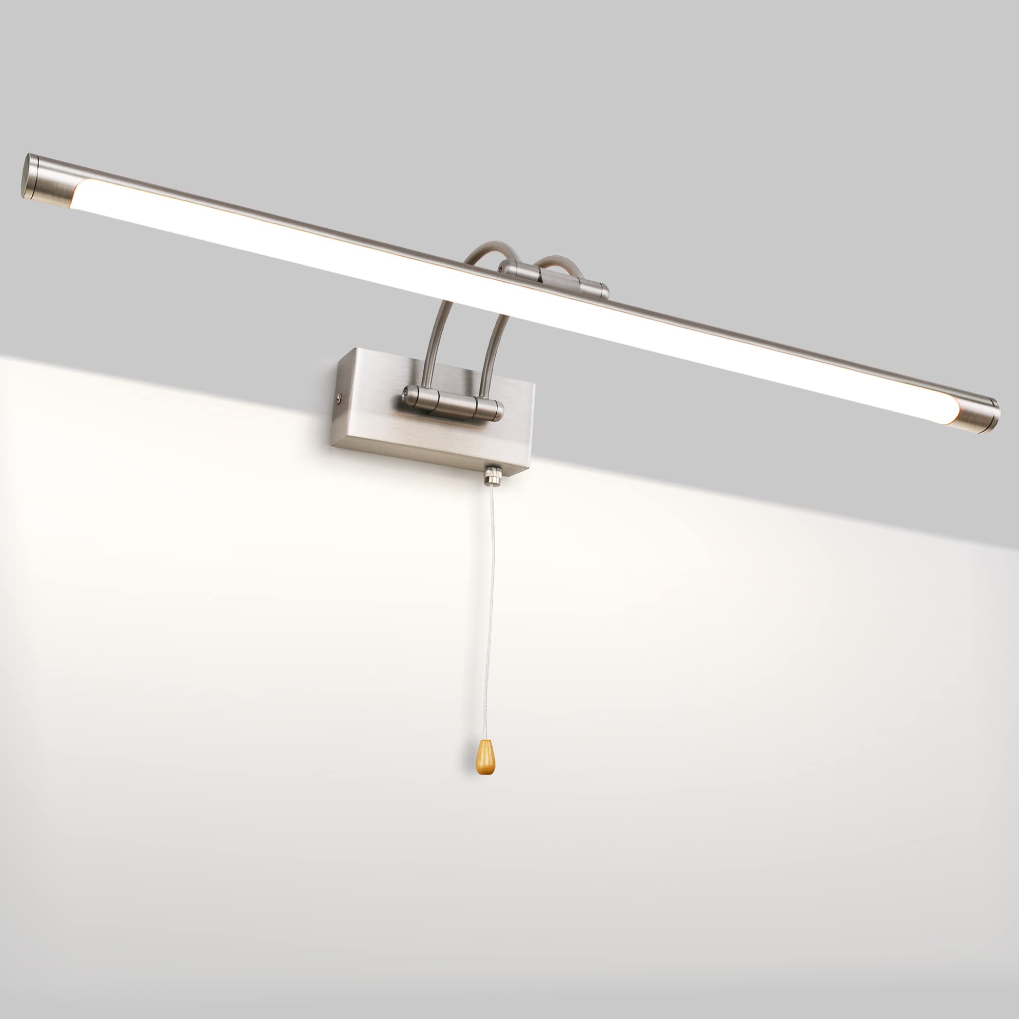 MantoLite 60CM LED Bathroom Wall Lights with Pull Cord Swivel Lamp Head Long Silver Wall Lights for Pictures,Frames&Art Painting IP44 Over Mirror Lamp for Shaving 12W