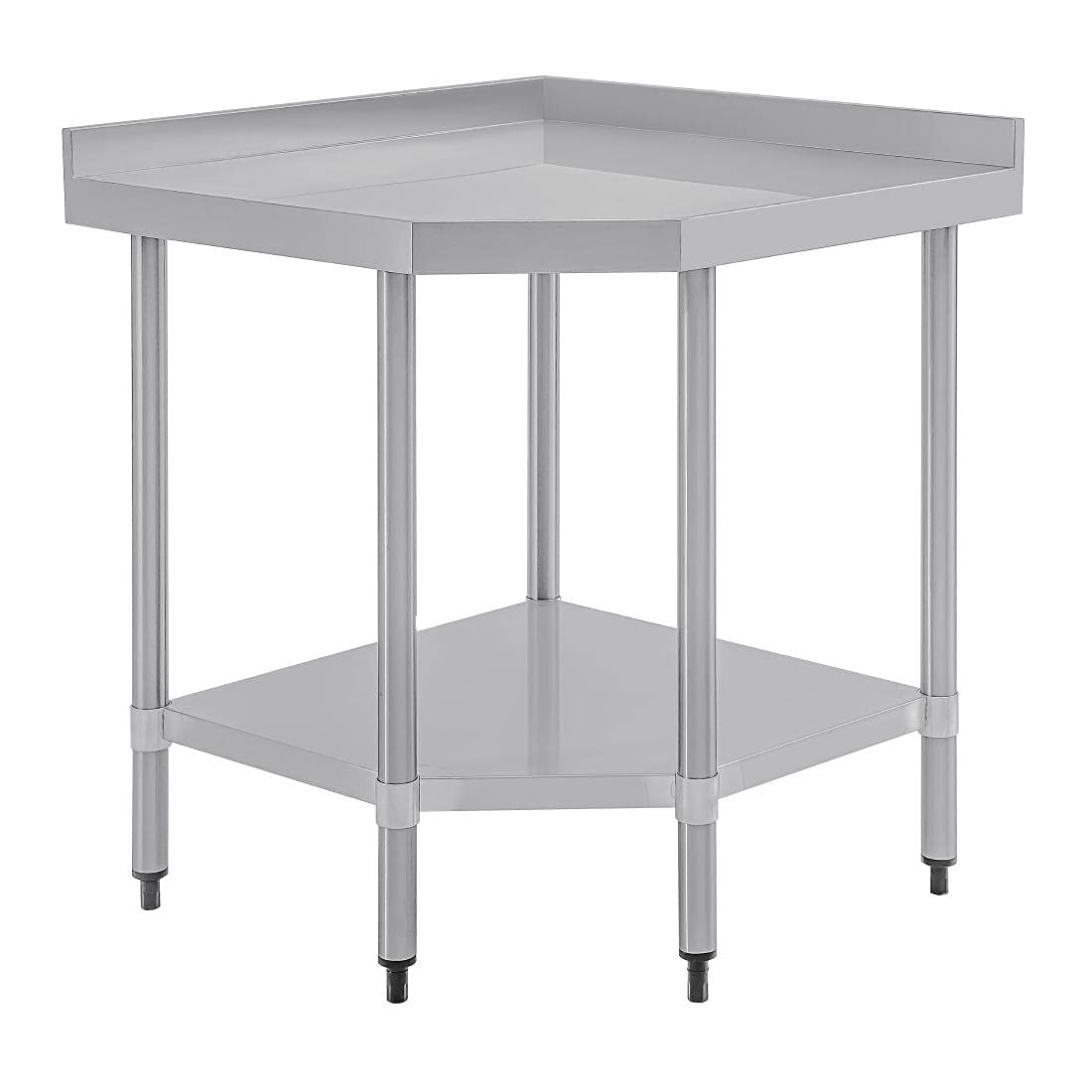 Vogue Stainless Steel Corner Table 600 mm, Polished Stainless Steel, Size: 960(H) x 800(W) x 600(D)mm, With Galvanised Undershelf, Fixings Included, CB907