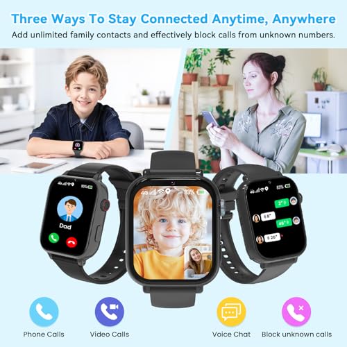 4G Smartwatch Bambini, Orologio Smartwatch Bambini con GPS SOS Videochiamata Chat Vocale Modalità Classe Fotocamera Calcolatrice Contapassi, Smart Watch Bambino Bambina 4-12 Anni Regalo, Nero