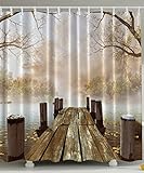Ambesonne Fall Wooden Bridge Foggy Scene Lake River Print Polyester Fabric Shower Curtain - Long, Beige Brown Taupe