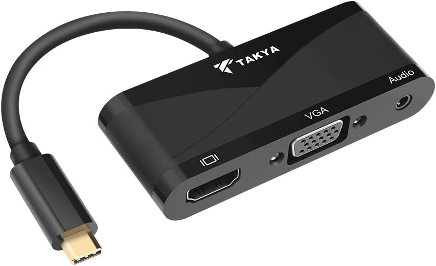 USB C To HDMI VGA Adapter, Takya USB Type C to VGA HDMI 4K Video Converter Adaptor with Audio Support for Macbook/ Macbook Pro/ Chromebook Pixel/ USB-C Devices to HDTV/ Projector, No Need Driver