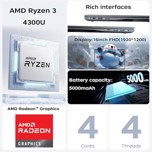 Ordinateur Portable 16 Pouces, Processeur Ryzen 4300U, Jusqu'à 3,7 GHz, 16 Go de Mémoire Vive DDR4, SSD de 512 Go, Carte Graphique Radeon, Wi-FI, Bluetooth, PC Portable Polyvalent pour