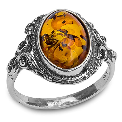 Sterling Silver Amber Oval Filigree Ring