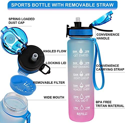Reusable water bottle with a flip-up straw lid, designed for on-the-go use.