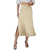 HERBATOMIA Women’s Midi Satin Skirt Side Slit High Elastic Waisted Summer2025 Elegant Solid Skirts for Women