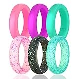 Silicone Wedding Ring For Women By DoerDo, Durable Rubber Sport Band For Active Style - 6 Rings Pack(Green, Pink, Purple, Black Glitter, Blue Glitter, Transparent Glitter) (4 (15.3mm, 48.11mm))