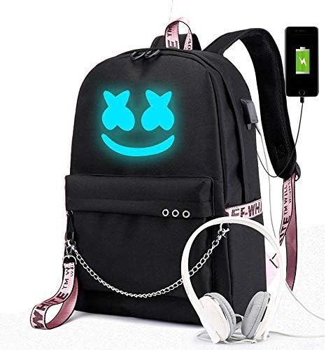 PIESWEETY Fashion Marshmallow Luminous Backpack with USB Charging Port, Unisex Fashion College School Bookbag Daypack Travel DJ Marshmello Laptop Chain Decoration Backpack