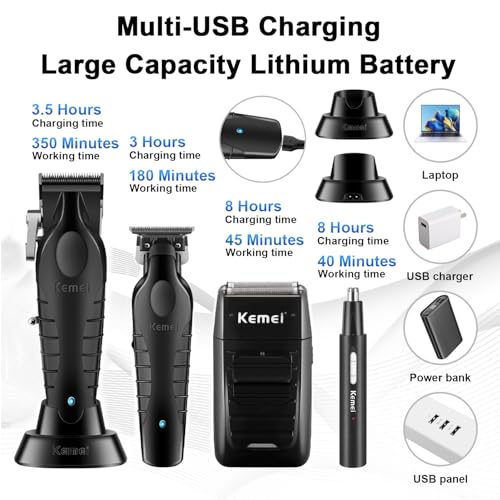 KEMEI Professional Hair Clippers for Men, Cordless Barber Razor Razor Foil Razor for Nose Eyebrow Ear Kit with 11 Guide Combs