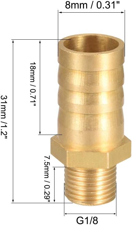 sourcing map Brass Hose Barb Fitting,Connector,12mm Barb x G1/8 Male Pipe Adapter,5Pcs, 12mm x G1/8 - Image 3