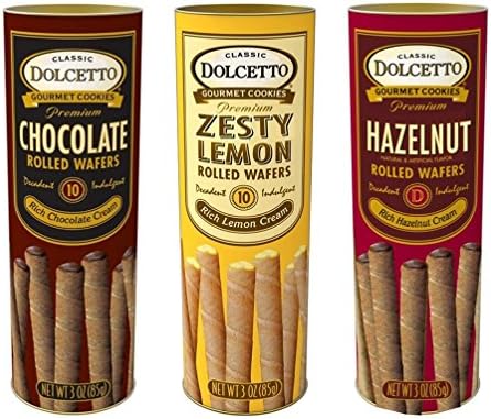 Dolcetto Premium Cream Filled Rolled Wafers Gourmet Cookies 3 Flavor Variety Bundle, (1) each: Chocolate, Zesty Lemon, Hazelnut (3 Ounces)