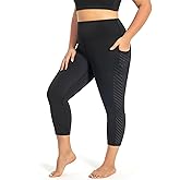 MEJING Plus Size Capri Leggings for Women with Pockets L-5X Workout Leggings Black Mesh Yoga Pants High Waisted Tummy Control